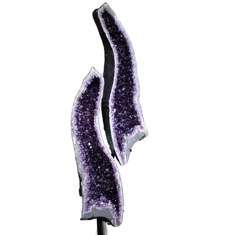 View of Amethyst Geode Cathedral Pait In Fitted Stand From Brazil With Calcite Crystal Inclusions - In Yin Yang Presentation