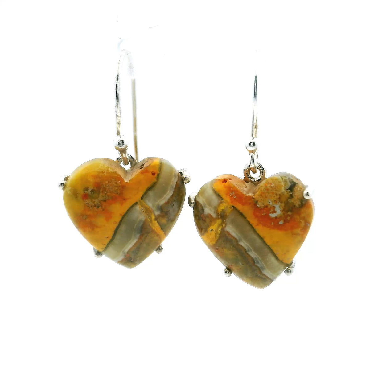 View of Bumblebee Jasper Dangle Earrings - Heart Cabochon with Angled Yellow & Gray Banding & Yellow Inclusion Prong Set in 925 Sterling Silver