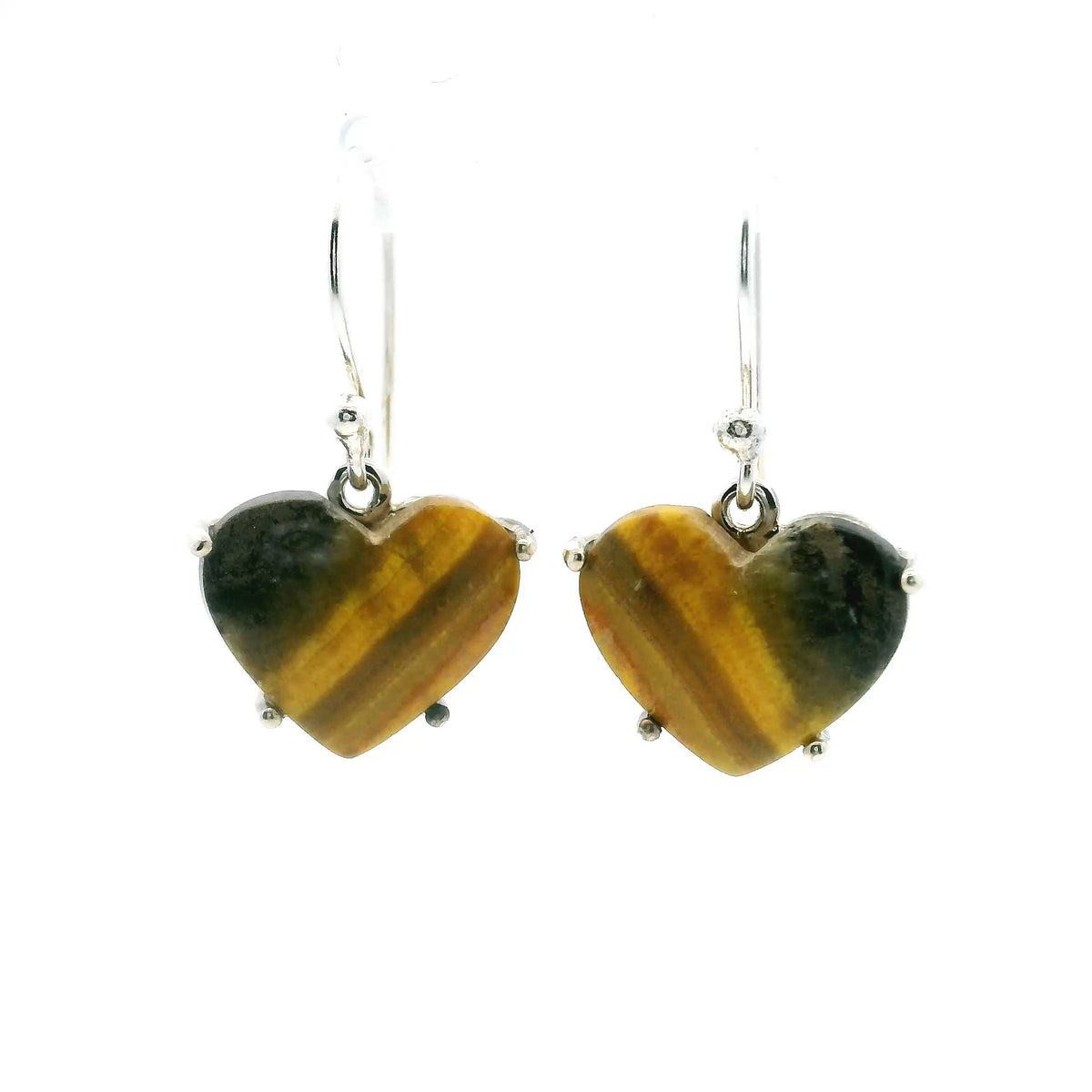View of Bumblebee Jasper Dangle Earrings - Heart Cabochon with Angled Yellow & Gray Banding Prong Set in 925 Sterling Silver