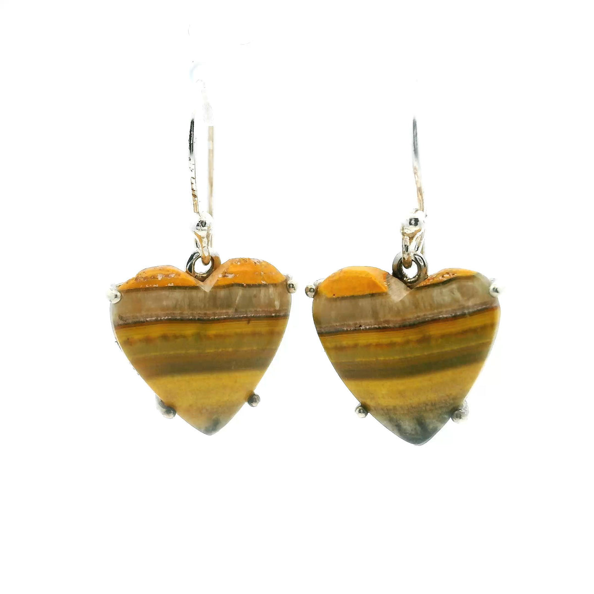 View of Bumblebee Jasper Dangle Earrings - Heart Cabochon with Horizonal Yellow & Tan Banding Prong Set in 925 Sterling Silver
