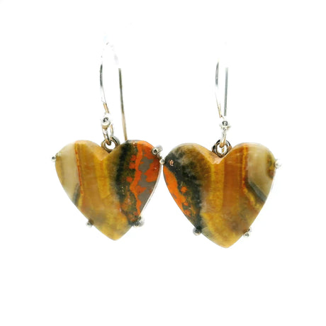 View of Bumblebee Jasper Dangle Earrings - Heart Cabochon with Vertical Yellow & Gray & Orange Banding Prong Set in 925 Sterling Silver