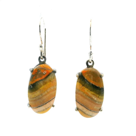 View of Bumblebee Jasper Dangle Earrings - Oval Cabochon with Angled Gray & Yellow & Orange Banding Prong Set in 925 Sterling Silver
