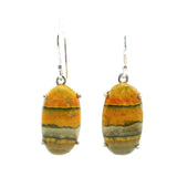View of Bumblebee Jasper Dangle Earrings - Oval Cabochon with Horizontal Yellow & Gray & Black Banding Prong Set in 925 Sterling Silver