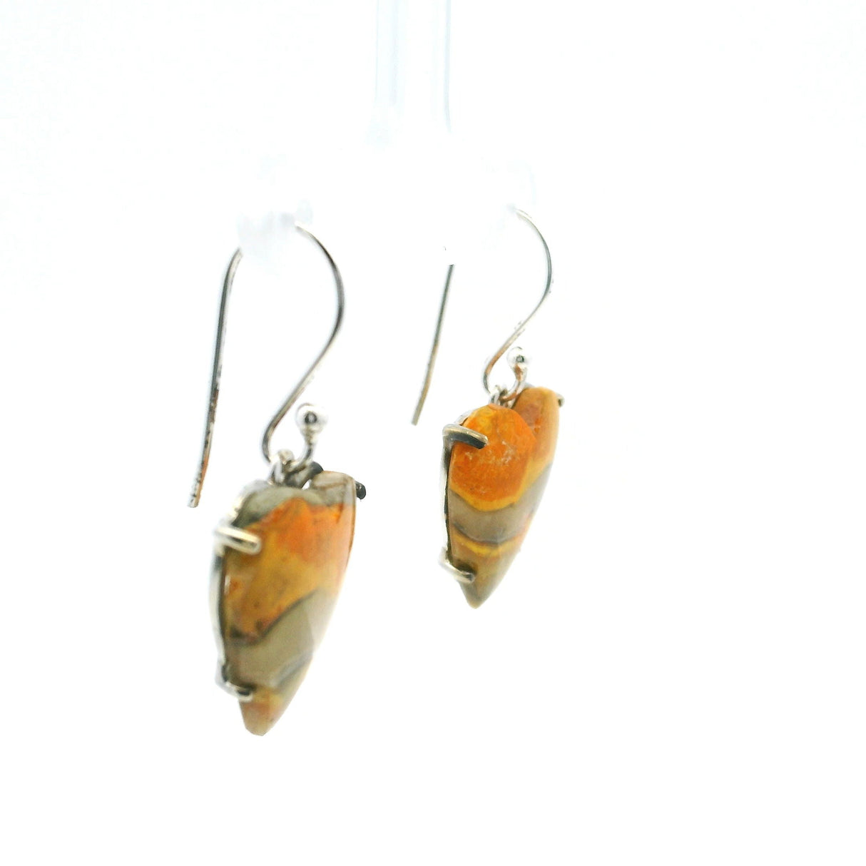 Bumblebee Jasper Dangle Earrings - Heart Cabochon with Horizontal Orange & Yellow & Gray Banding Prong Set in 925 Sterling Silver
