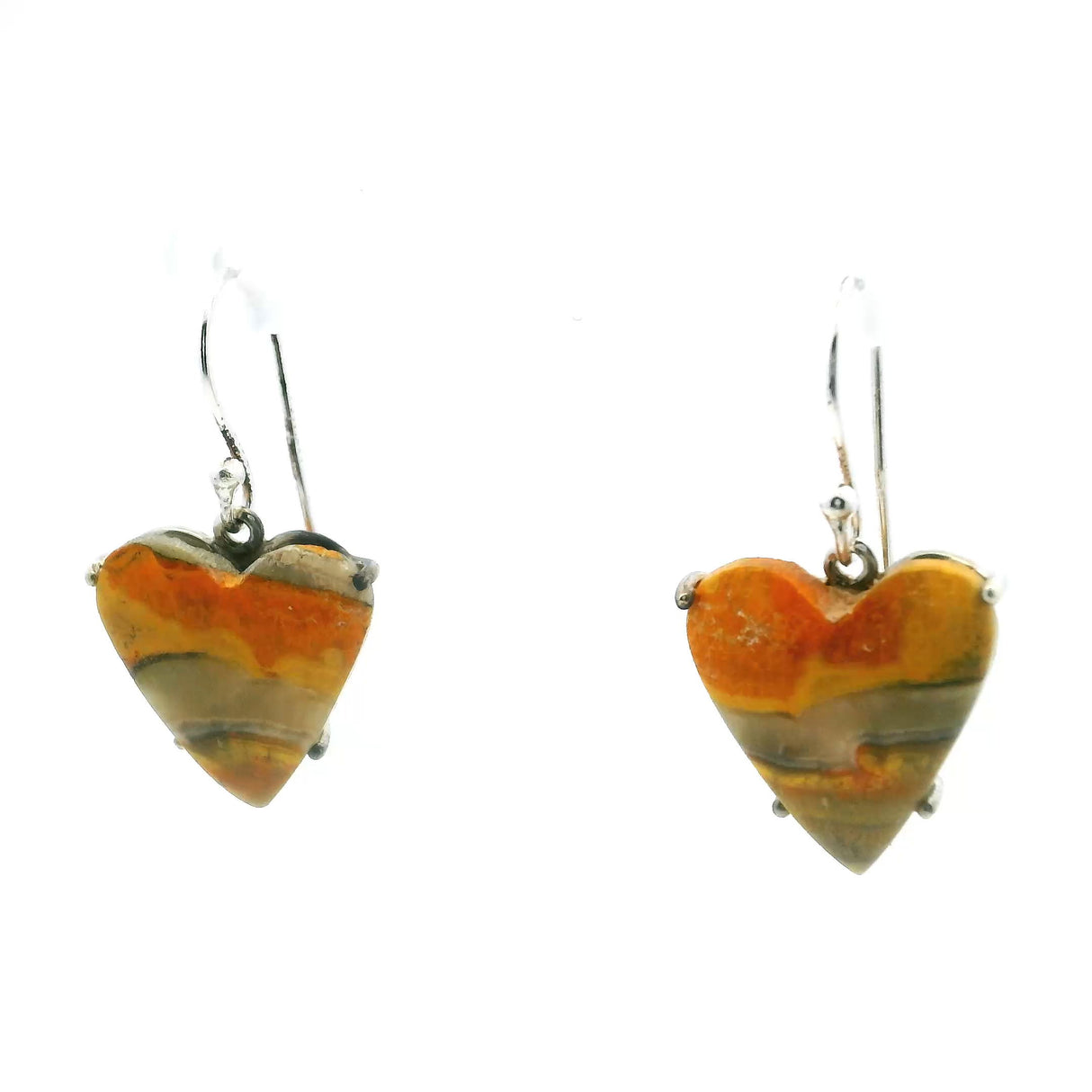 View of Bumblebee Jasper Dangle Earrings - Heart Cabochon with Horizontal Orange & Yellow & Gray Banding Prong Set in 925 Sterling Silver