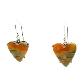 View of Bumblebee Jasper Dangle Earrings - Heart Cabochon with Horizontal Orange & Yellow & Gray Banding Prong Set in 925 Sterling Silver