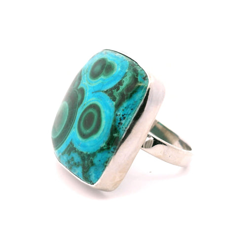 View of Chrysocolla Malachite Ring - Square Cabochon With Green Triple BullsEyes Bezel Set In Simple 925 Sterling Silver szAdj