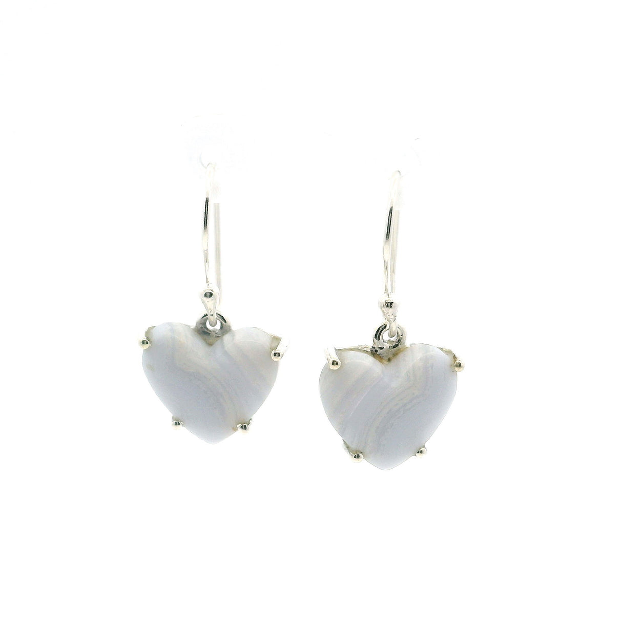 View of Blue Lace Agate Dangle Earrings - Heart Cabochon with Narrow Angled Banding Prong Set in 925 Sterling Silver
