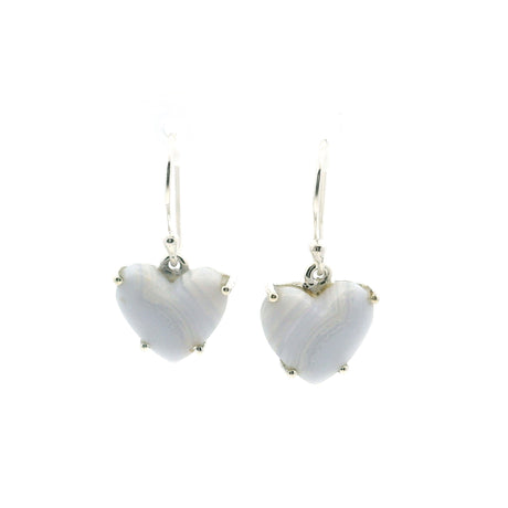 View of Blue Lace Agate Dangle Earrings - Heart Cabochon with Narrow Angled Banding Prong Set in 925 Sterling Silver