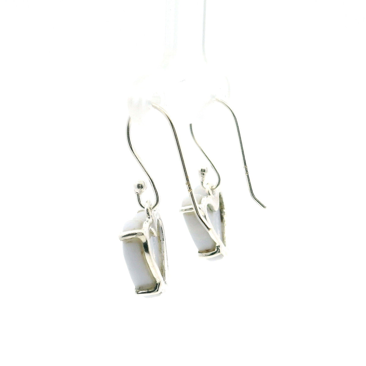 Blue Lace Agate Dangle Earrings - Heart Cabochon with Narrow Angled Banding Prong Set in 925 Sterling Silver