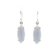 View of Blue Lace Agate Dangle Earrings - Sharp Oval Cabochon with Full Vertical Banding Prong Set in 925 Sterling Silver