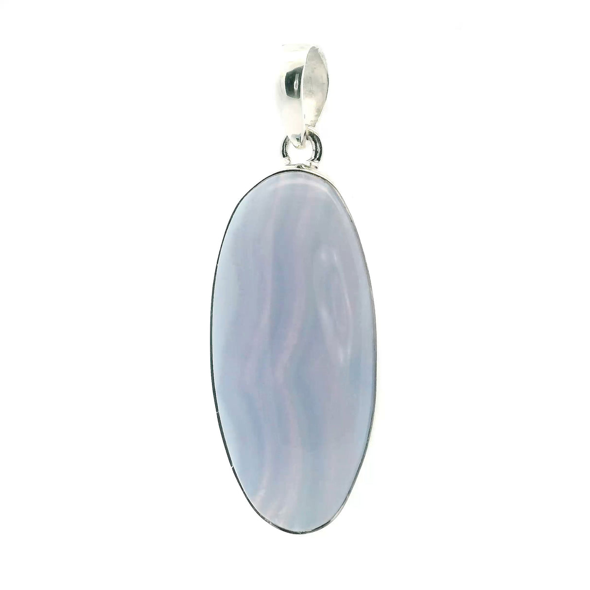 View of Blue Lace Agate Pendant - Oval Cabochon with Vertical Dark Banding Bezel Set in 925 Sterling Silver