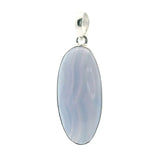 View of Blue Lace Agate Pendant - Oval Cabochon with Vertical Dark Banding Bezel Set in 925 Sterling Silver