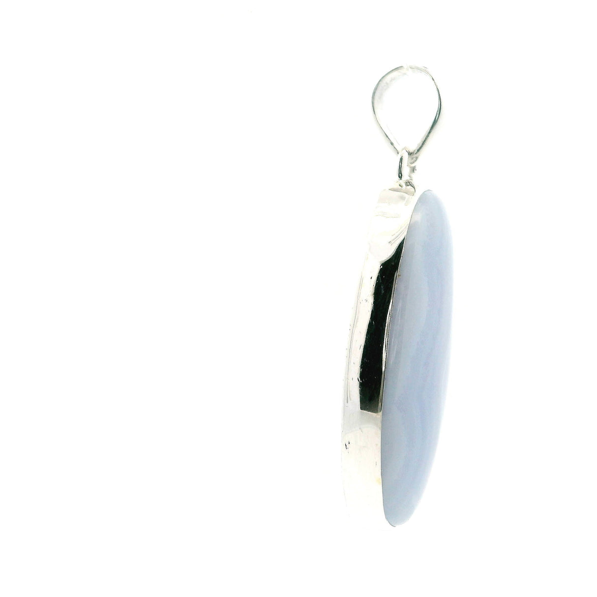Blue Lace Agate Pendant - Oval Cabochon with Vertical Dark Banding Bezel Set in 925 Sterling Silver