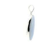 Blue Lace Agate Pendant - Oval Cabochon with Vertical Dark Banding Bezel Set in 925 Sterling Silver