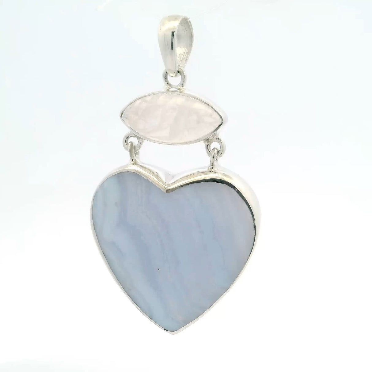 View of Blue Lace Agate Pendant - Heart Cabochon with Angled Banding below Eyeball Rainbow Moonstone Cabochon Bezel Set in 925 Sterling Silver