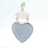 View of Blue Lace Agate Pendant - Heart Cabochon with Angled Banding below Eyeball Rainbow Moonstone Cabochon Bezel Set in 925 Sterling Silver