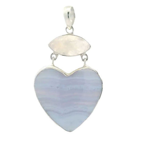View of Blue Lace Agate Pendant - Heart Cabochon with Narrow Vertical Banding below Eyeball Rainbow Moonstone Cabochon Bezel Set in 925 Sterling Silver