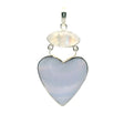 View of Blue Lace Agate Pendant - Heart Cabochon with Wide Horizontal Banding below Eyeball Rainbow Moonstone Cabochon Bezel Set in 925 Sterling Silver