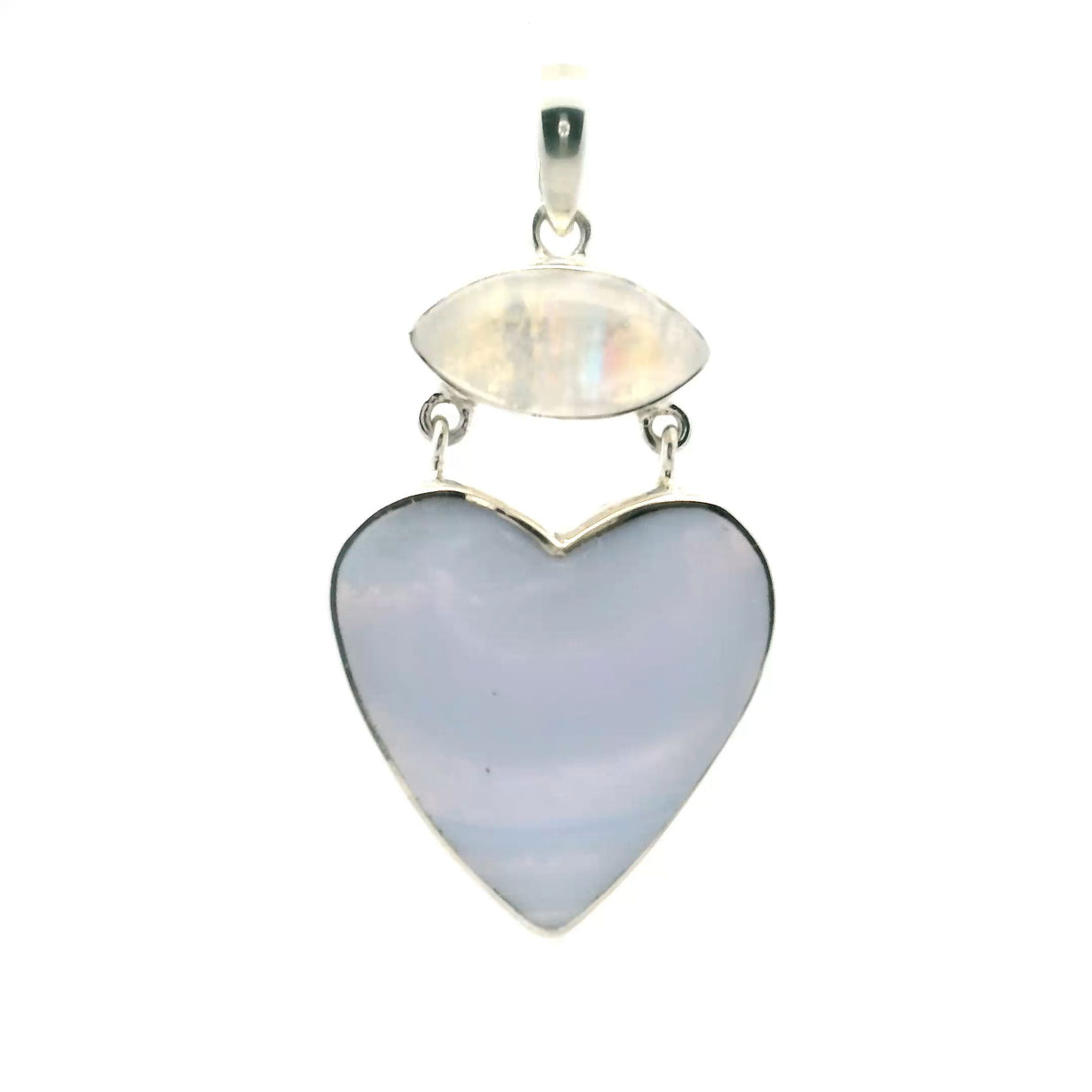 View of Blue Lace Agate Pendant - Heart Cabochon with Wide Horizontal Banding below Eyeball Rainbow Moonstone Cabochon Bezel Set in 925 Sterling Silver