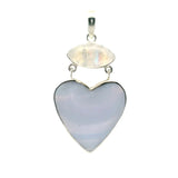 View of Blue Lace Agate Pendant - Heart Cabochon with Wide Horizontal Banding below Eyeball Rainbow Moonstone Cabochon Bezel Set in 925 Sterling Silver