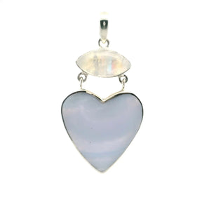 View of Blue Lace Agate Pendant - Heart Cabochon with Wide Horizontal Banding below Eyeball Rainbow Moonstone Cabochon Bezel Set in 925 Sterling Silver