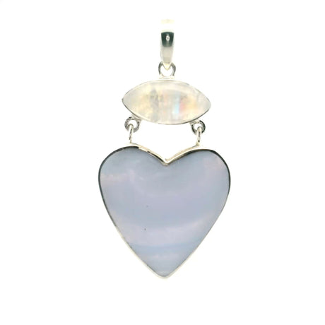 View of Blue Lace Agate Pendant - Heart Cabochon with Wide Horizontal Banding below Eyeball Rainbow Moonstone Cabochon Bezel Set in 925 Sterling Silver