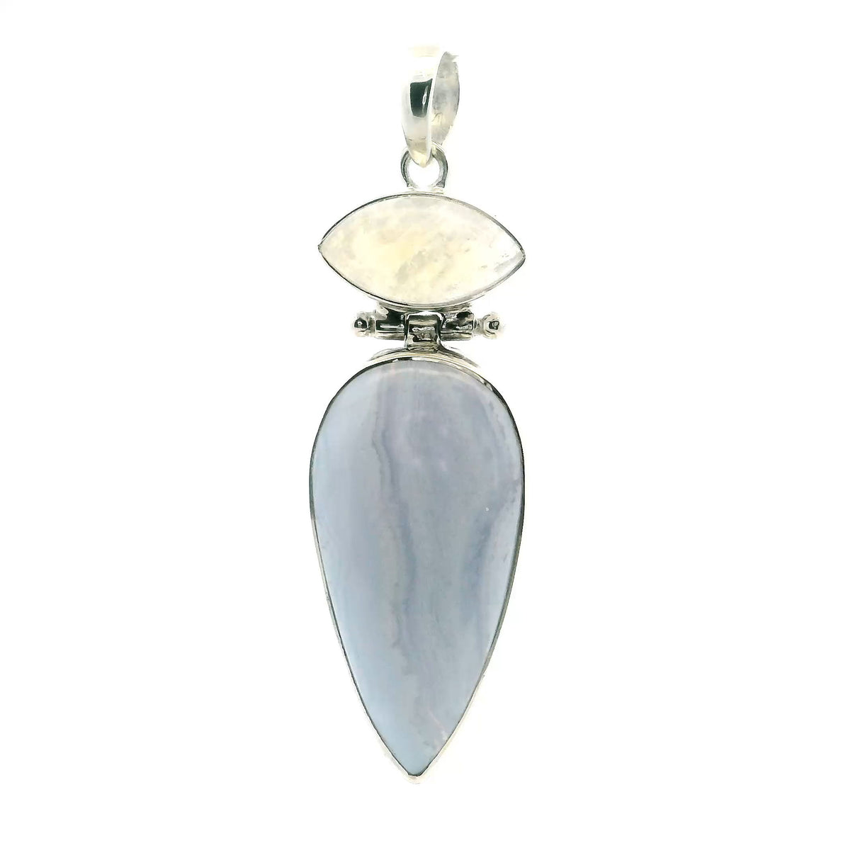 View of Blue Lace Agate Pendant - Inverted Teardrop Cabochon with Vertical Banding below Eyeball Rainbow Moonstone Cabochon Bezel Set in 925 Sterling Silver