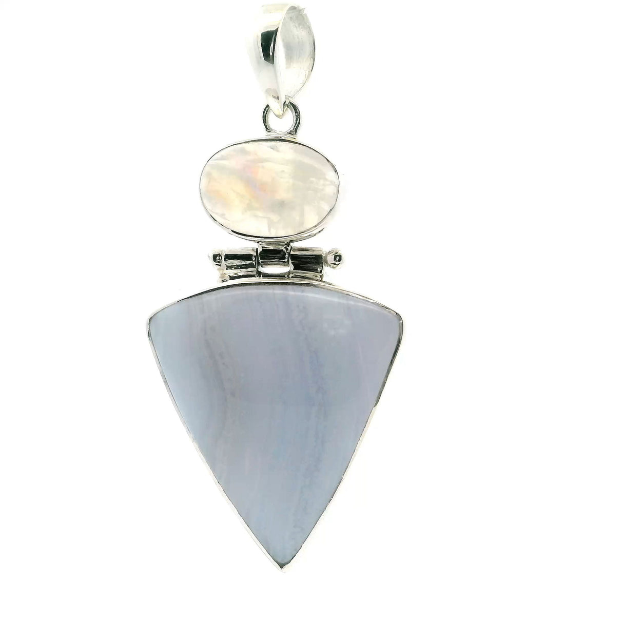 View of Blue Lace Agate Pendant - Inverted Trianglular Cabochon with Vertical Banding below Oval Rainbow Moonstone Cabochon Bezel Set in 925 Sterling Silver