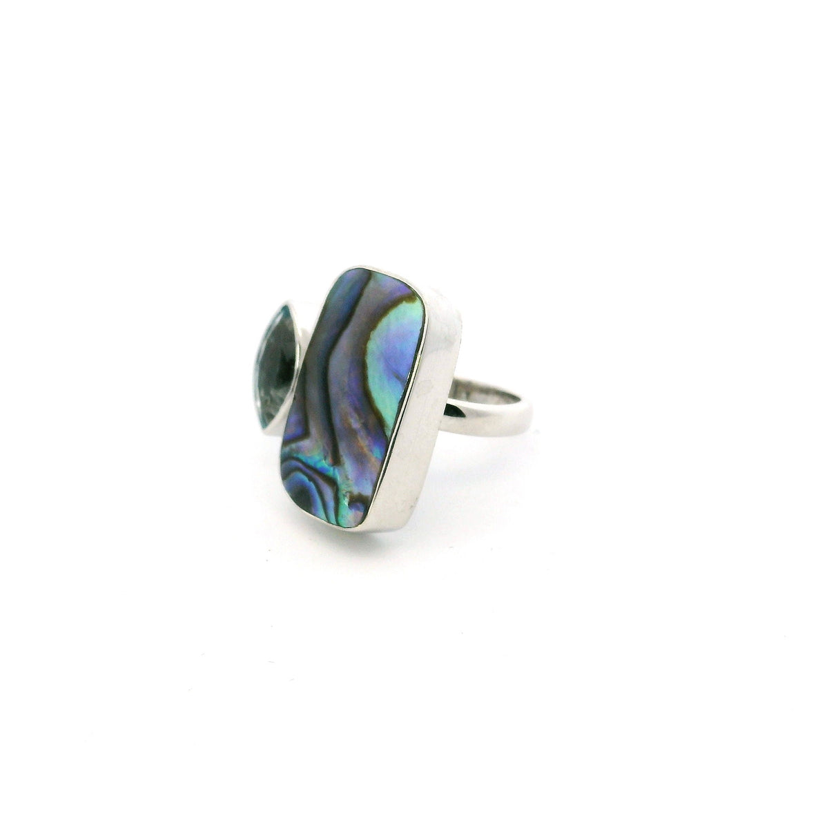 Abalone Shell Ring - Rounded Rectangular Cabochon with Faceted Blue Topaz Sharp Oval Bezel Set on Open Band in Simple 925 Sterling Silver szAdj