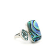 View of Abalone Shell Ring - Rounded Rectangular Cabochon with Faceted Blue Topaz Sharp Oval Bezel Set on Open Band in Simple 925 Sterling Silver szAdj