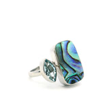 View of Abalone Shell Ring - Rounded Rectangular Cabochon with Faceted Blue Topaz Sharp Oval Bezel Set on Open Band in Simple 925 Sterling Silver szAdj