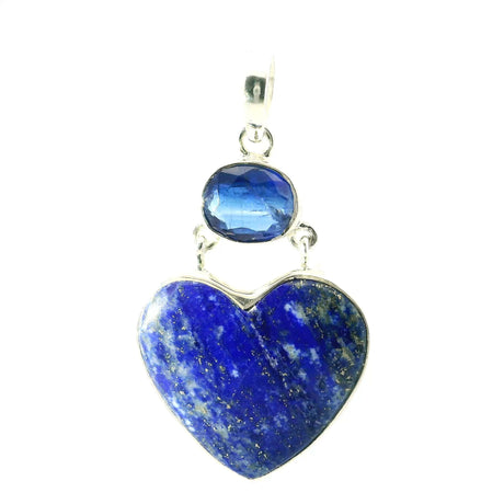 View of Lapis Lazuli Pendant - Heart Cabochon below Faceted East-West Kyanite Oval Bezel Set in 925 Sterling Silver