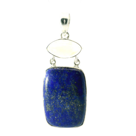 View of Lapis Lazuli Pendant - Rounded Rectangular Cabochon Below Eyeball Rainbow Moonstone Cabochon Bezel Set in 925 Sterling Silver