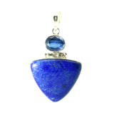 View of Lapis Lazuli Pendant - Triangular Cabochon Below Faceted East-West Kyanite Oval Bezel Set in 925 Sterling Silver