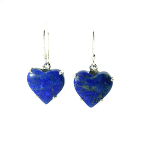View of Lapis Lazuli Dangle Earrings - Heart Cabochon Prong Set in Simple 925 Sterling Silver