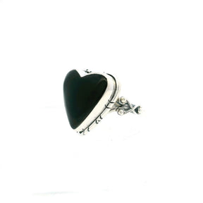 View of Black Onyx Ring - Heart Cabochon with Line Details Bezel Set in Double Band with Wishbone & Bead Sides in 925 Sterling Silver sz10