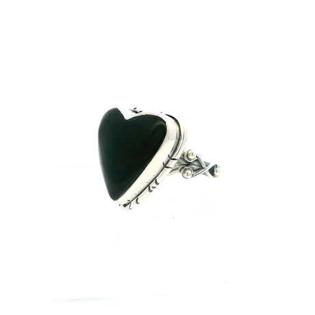 View of Black Onyx Ring - Heart Cabochon with Line Details Bezel Set in Double Band with Wishbone & Bead Sides in 925 Sterling Silver sz10