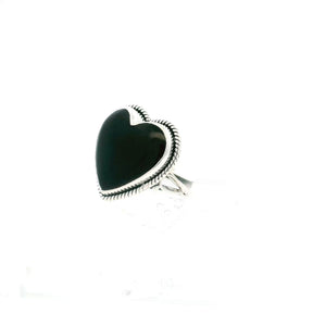 View of Black Onyx Ring - Heart Cabochon with Rope Details Bezel Set in Double Band with Inverted Teardrop & Bead Side Details in 925 Sterling Silver sz8