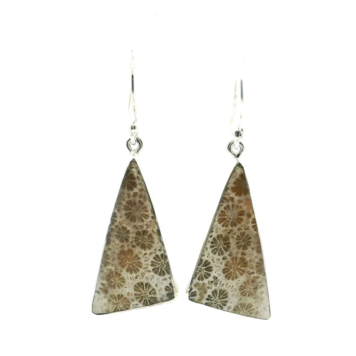 View of Fossilized Coral Dangle Earrings - Triangular Cabochon Bezel Set in Simple 925 Sterling Silver