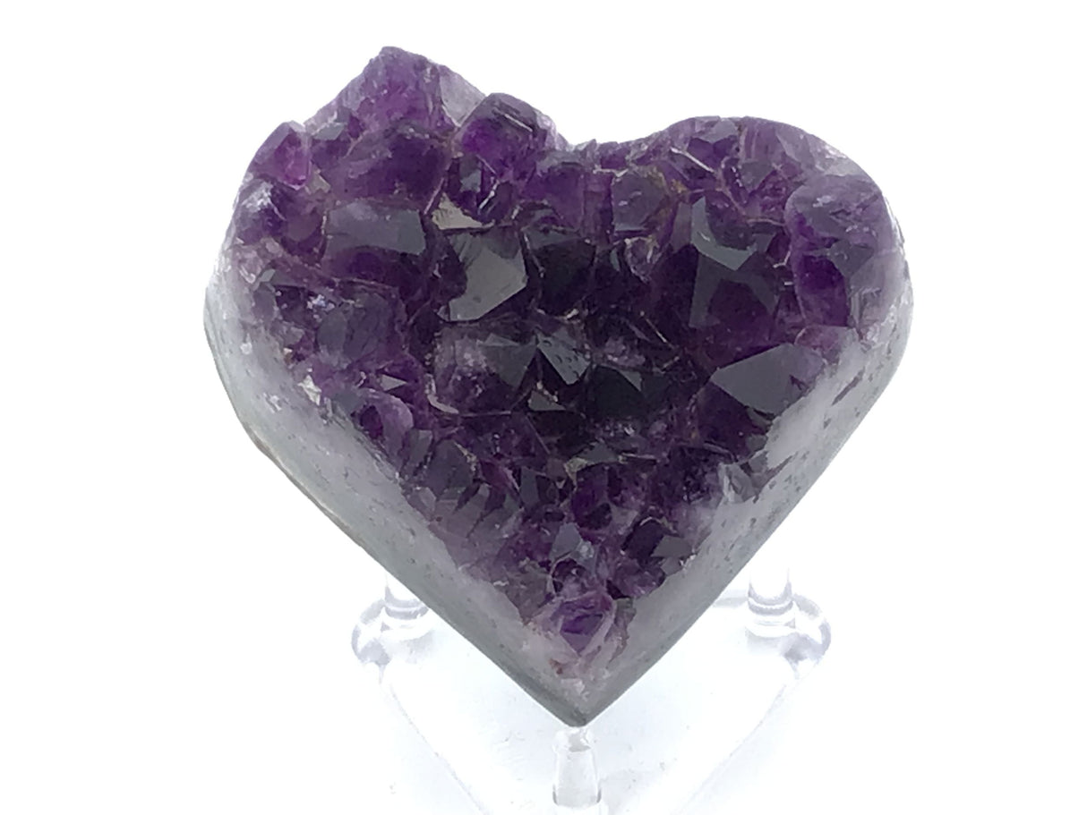 View of Amethyst Crystal Heart on Lucite Cluster Stand