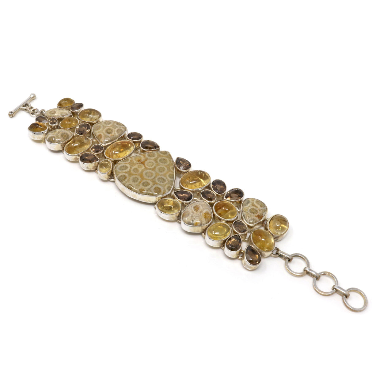 Fossilized Coral Bracelet - Pear with Citrine Cabs & Smoky Quartz with Toggle Clasp