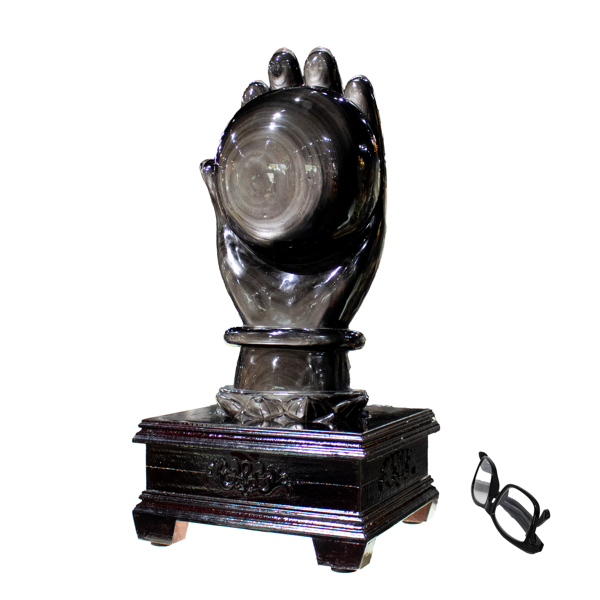 Silver Sheen Obsidian Huge Ball in Buddha's Hand with Wooden Stand