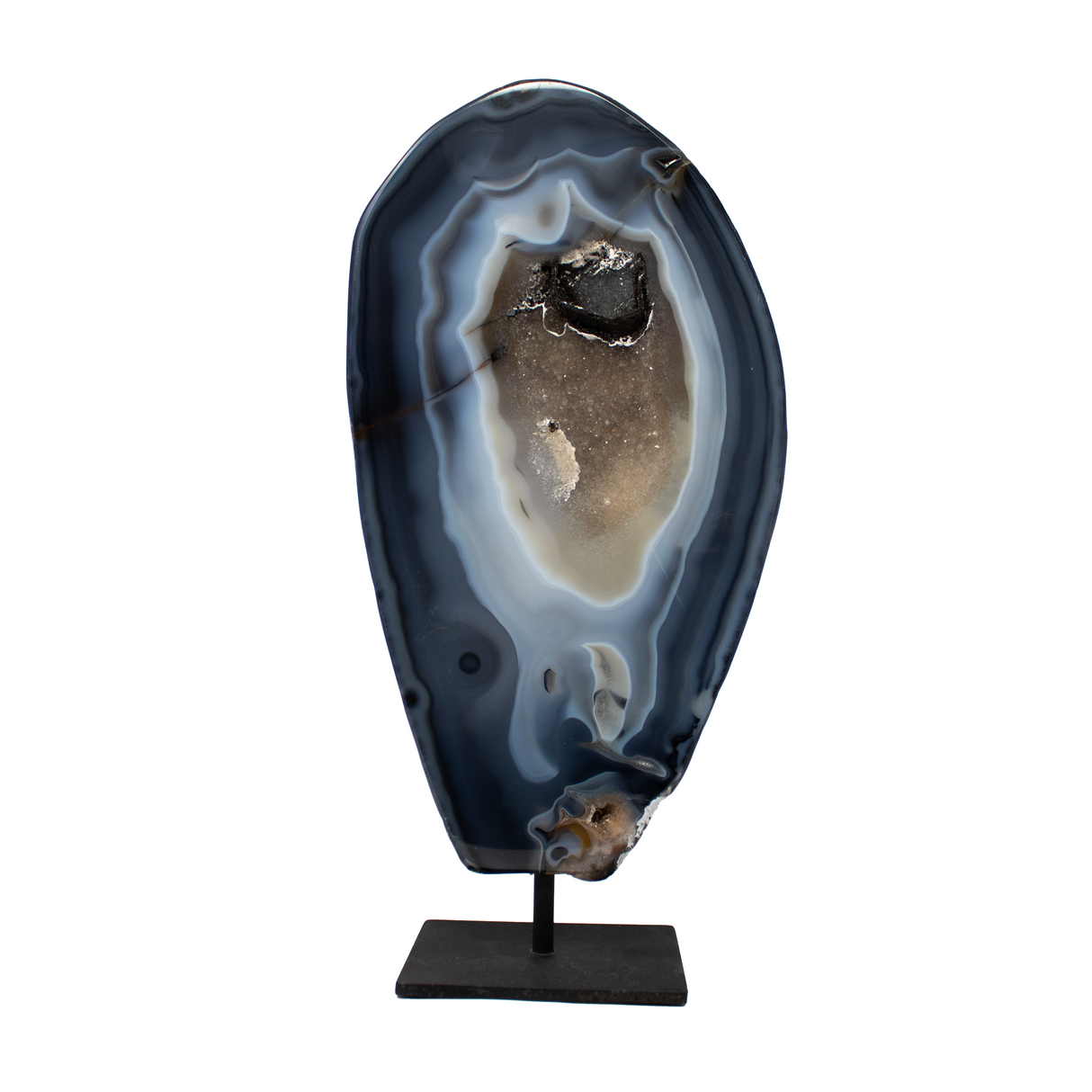 View of Agate Druze Geode on Post Stand from Brazil with Navy Agate & Dissolved Calcite Crystal Inclusion of Black Druze