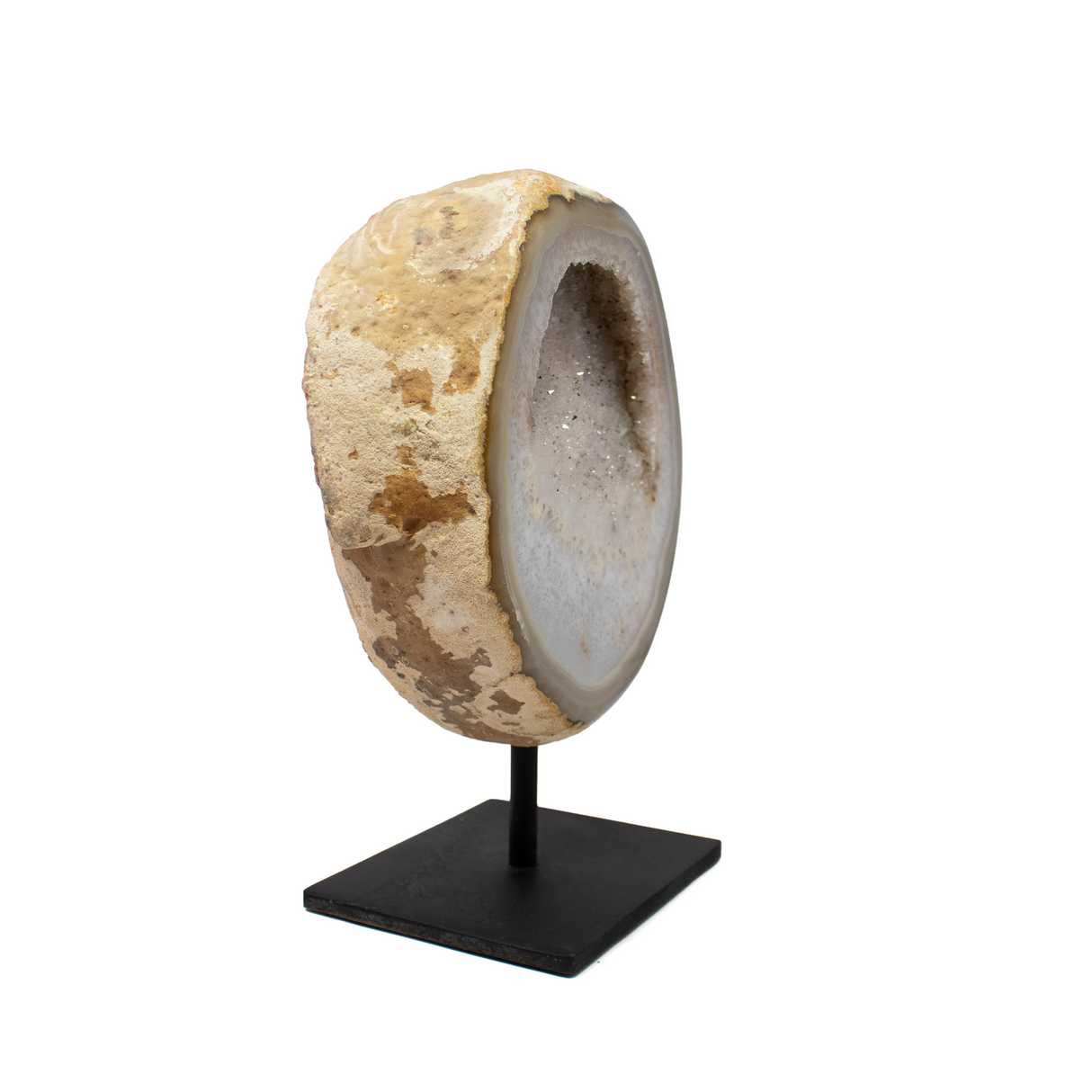 Agate Druze Geode on Post Stand from Brazil with Shallow Pocket of Soft Pink Hue Druze