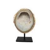 View of Agate Druze Geode on Post Stand from Brazil with Shallow Pocket of Soft Pink Hue Druze