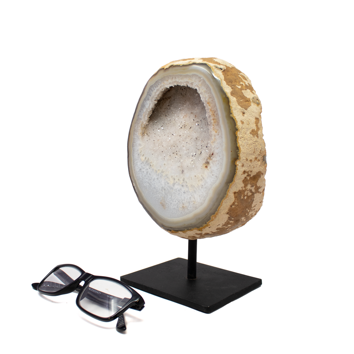 Agate Druze Geode on Post Stand from Brazil with Shallow Pocket of Soft Pink Hue Druze