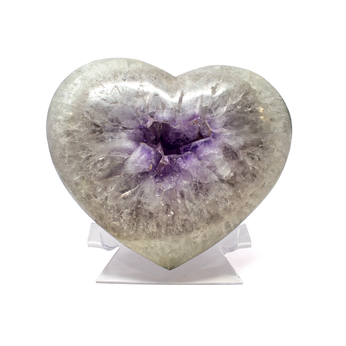 View of Polished Quartz Heart with Amethyst Crystal Center from Brazil on Lucite Stand