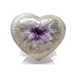 View of Polished Quartz Heart with Amethyst Crystal Center from Brazil on Lucite Stand