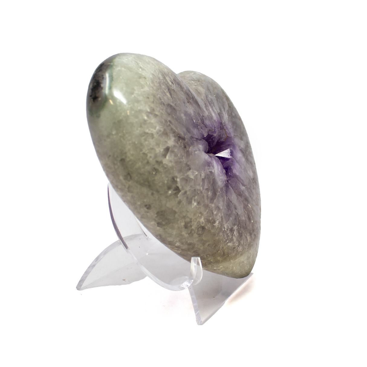 Polished Quartz Heart with Amethyst Crystal Center from Brazil on Lucite Stand
